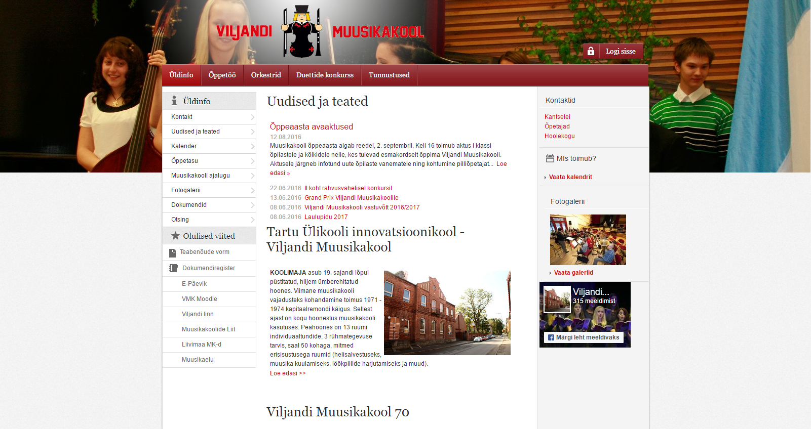 Viljandi Muusikakooli veebilehe kuvatõmmis
