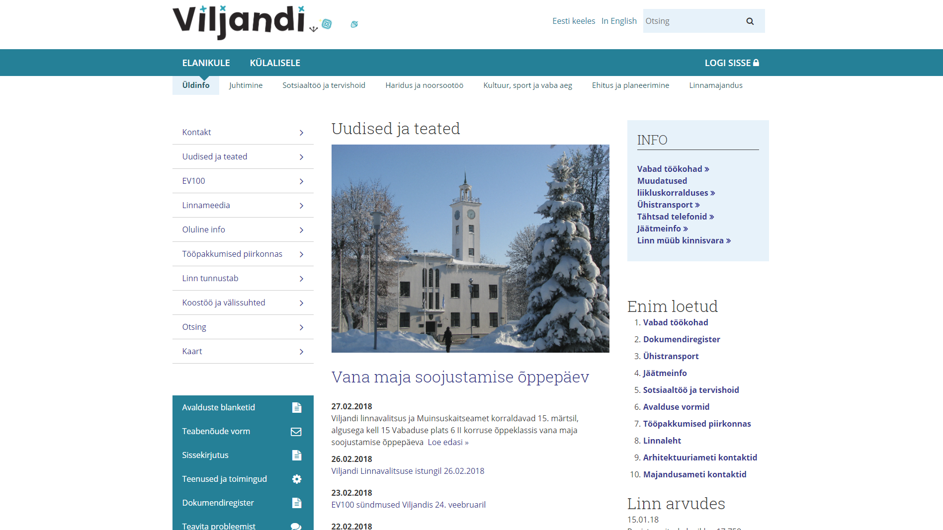 Viljandi linna veebilehe kuvatõmmis